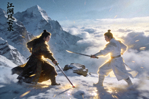 古装武侠剧《江湖风云录》剧照 - 古代侠客在雪山巅峰对决