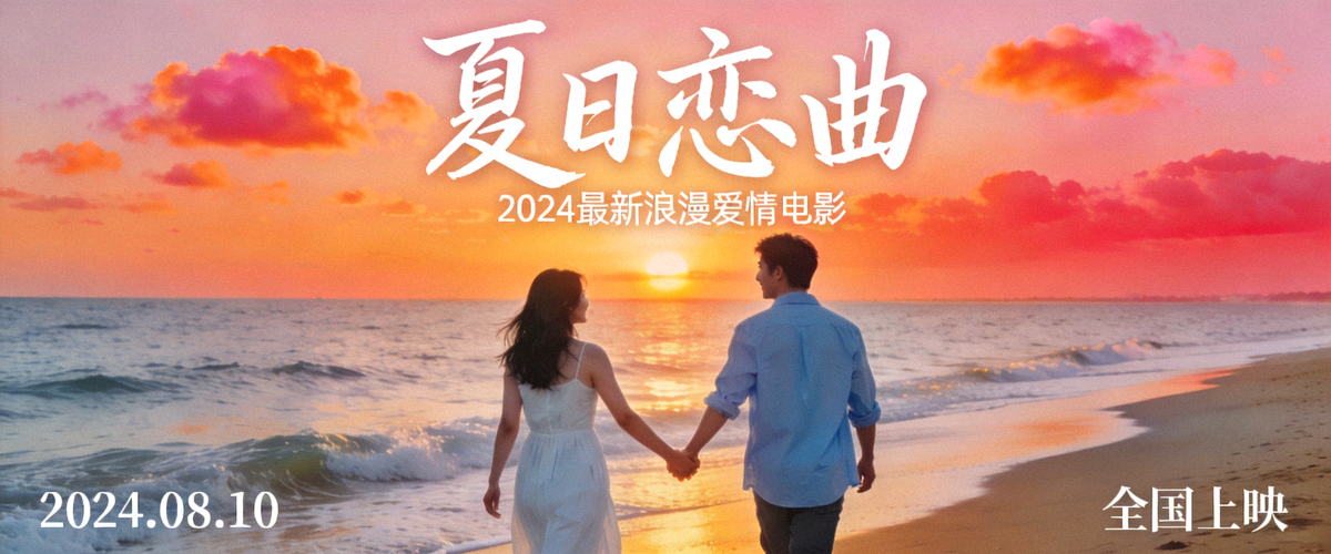 最新浪漫爱情电影《夏日恋曲》清新海报 - 海边夕阳下情侣牵手漫步